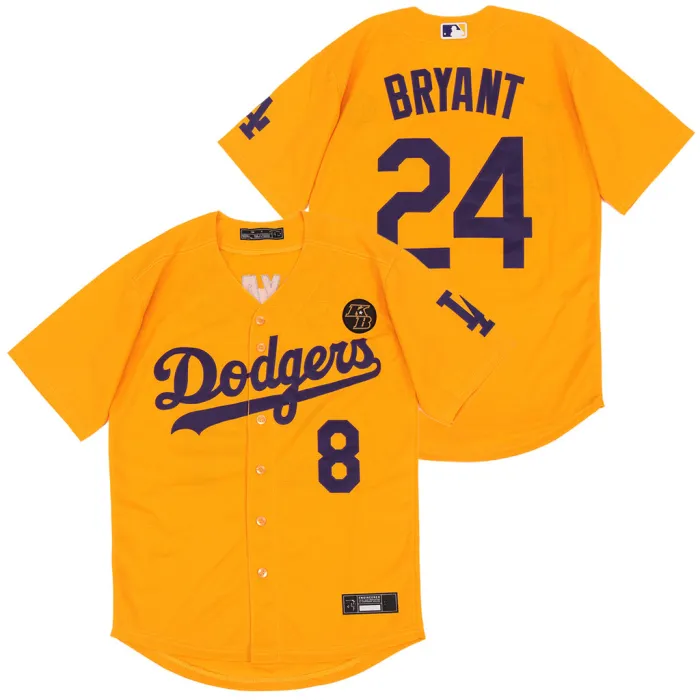 Los Angeles Dodgers 8 and 24 Kobe Bryant Baseball Jersey Yellow Fan