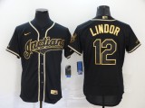 Nike Cleveland indians 12 Francisco Lindor Flexbase Baseball Jersey Black Retro gold character