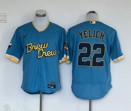Nike Milwaukee Brewers 22 Christian Yelich Flexbase Baseball Jersey Light blue city Edition