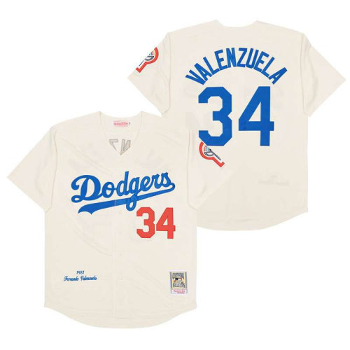 Los Angeles Dodgers 34 Fernando Valenzuela Baseball Jersey Beige retro