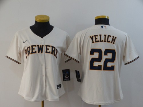 Women Nike Milwaukee Brewers 22 Christian Yelich Baseball Jersey Beige