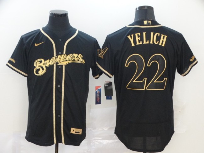 Nike Milwaukee Brewers 22 Christian Yelich Flexbase Baseball Jersey Black Retro gold character