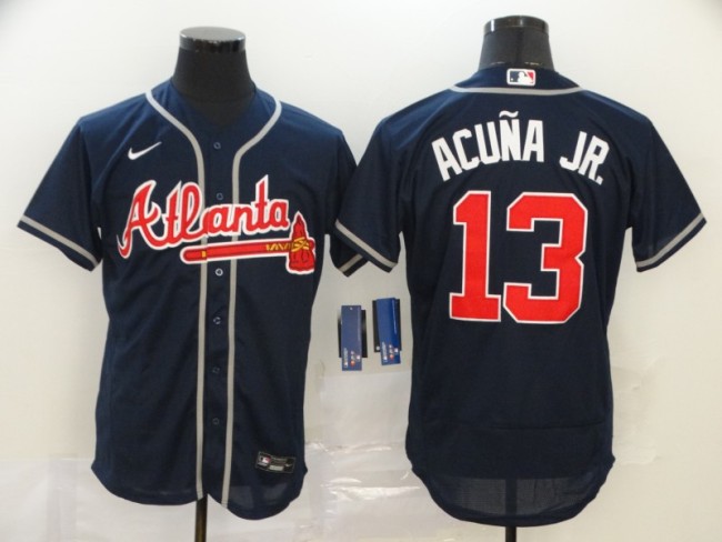 Nike Atlanta Braves 13 Ronald Acuña Jr. Flexbase Baseball Jersey Navy Blue