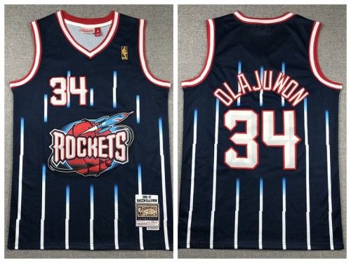 Houston Rockets 34 Hakeem Olajuwon Basketball Jersey Navy Blue Retro
