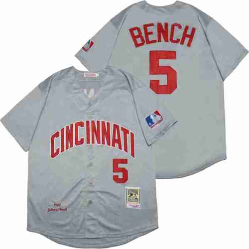 Cincinnati Reds 5 Johnny Bench Baseball Jersey Gray Retro