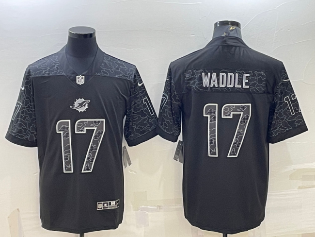 Miami Dolphins 17 Jaylen Waddle Football Jersey Black Reflector