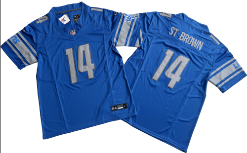 Detroit Lions 14 Amon-Ra St. Brown Football Jersey Blue Three Dynasties