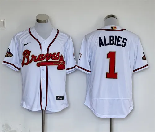 Nike Atlanta Braves 1 Ozzie Albies Flexbase Baseball Jersey White elite champion