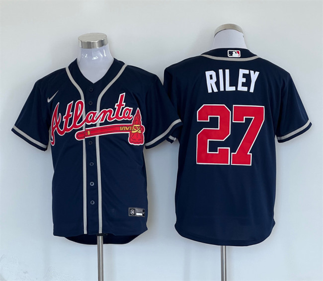 Nike Atlanta Braves 27 Austin Riley Baseball Jersey Navy Blue