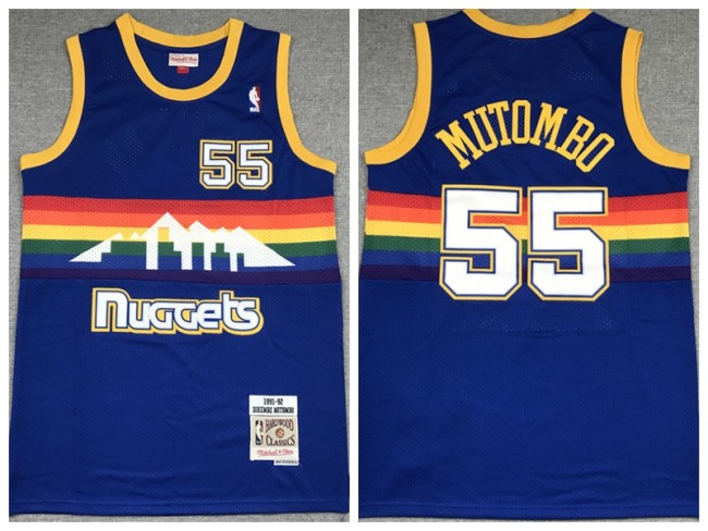 Denver Nuggets 55 Dikembe Mutombo Basketball Jersey blue rainbow edition Retro