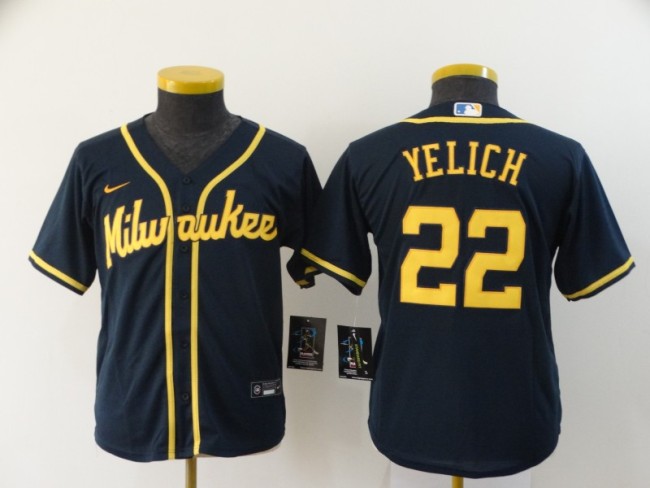 Youth Nike Milwaukee Brewers 22 Christian Yelich Baseball Jersey Navy Blue