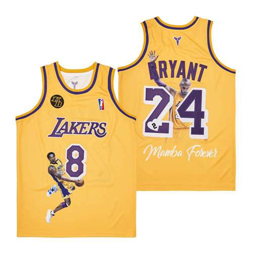 Los Angeles Lakers 8 and 24 Kobe Bryant Basketball Jersey Yellow portrait Edition