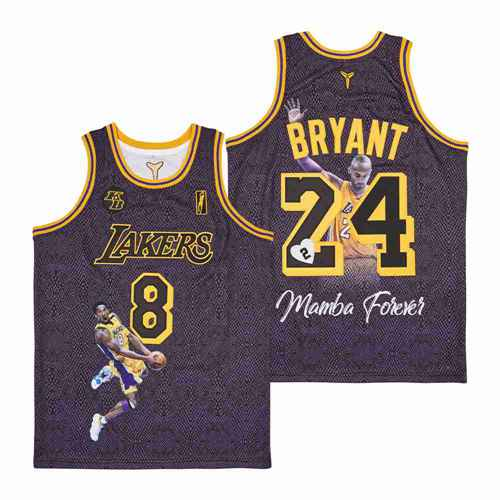 Los Angeles Lakers 8 and 24 Kobe Bryant Basketball Jersey Black snake portrait Edition