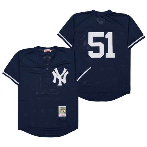 New York Yankees 51 Bernie Williams Baseball Jersey deep blue and retro cave cloth
