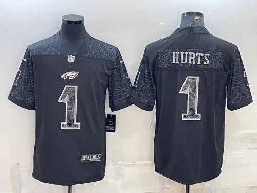 Philadelphia Eagles 1 Jalen Hurts Football Jersey Black Reflector