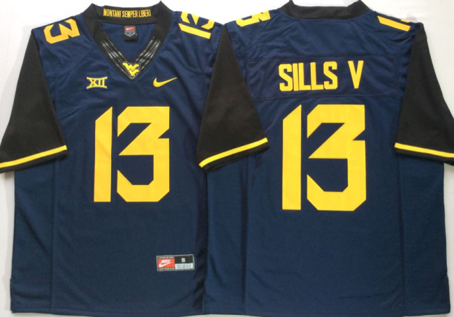 West Virginia Mountaineers 13 David Sills V Football Jersey Navy Blue
