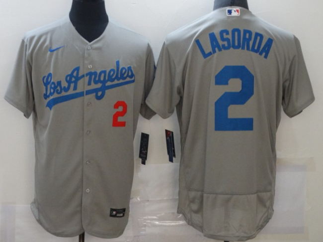 Nike Los Angeles Dodgers 2 Tommy Lasorda Flexbase Baseball Jersey Gray