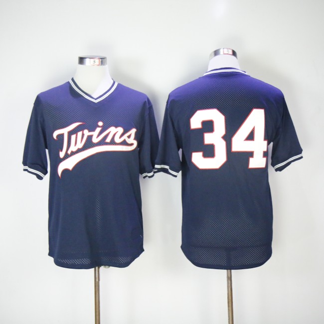 Minnesota Twins 34 Kirby Puckett Baseball Jersey Deep blue retro net eye