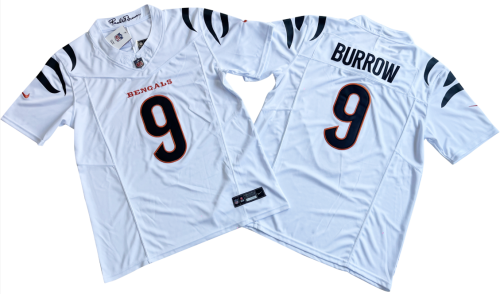 Cincinnati Bengals 9 Joe Burrow Football Jersey White Three Dynasties