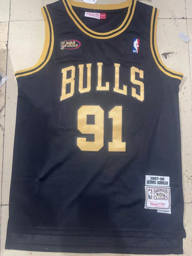 Chicago Bulls 91 Dennis Rodman Basketball Jersey Final version Retro Black Gold