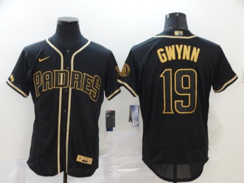 Nike San Diego Padres 19 Tony Gwynn Flexbase Baseball Jersey Black Retro gold character