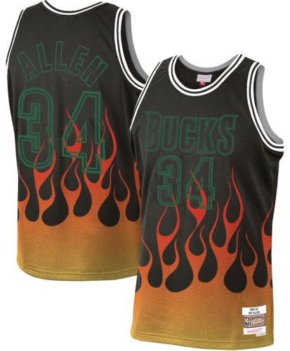 Milwaukee Bucks 34 Ray Allen Basketball Jersey Black Flame Retro