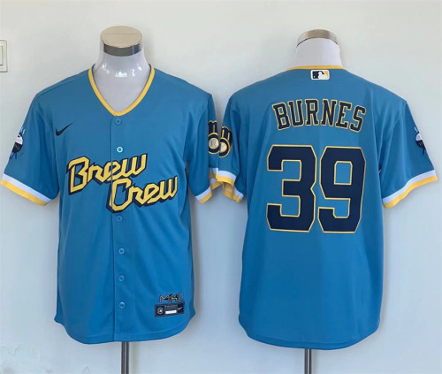 Nike Milwaukee Brewers 39 Corbin Burnes Baseball Jersey Light blue city Edition
