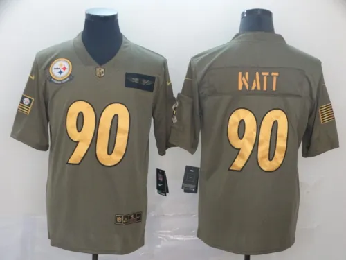 Pittsburgh Steelers 90 T.J. Watt Olive Salute To Service Limited Jersey Gold Word
