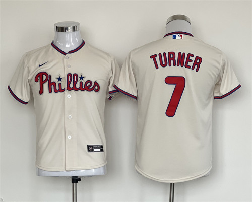 Youth Nike Philadelphia Phillie 7 Trea Turner Baseball Jersey Beige