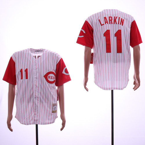 Cincinnati Reds 11 Barry Larkin Baseball Jersey Beige Red stripes retro