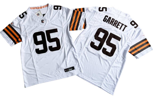 Cleveland Browns 95 Myles Garrett Football Jersey White Three Dynasties