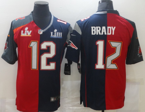 Tampa Bay Buccaneers and New England Patriots 12 Tom Brady Football Jersey half and half