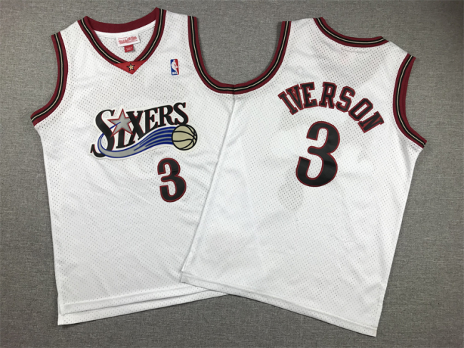 Youth Philadelphia 76ers 3 Allen Iverson Basketball Jersey White Retro