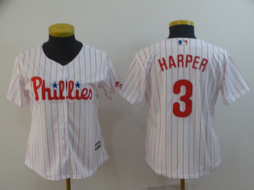 Women Philadelphia Phillie 3 Bryce Harper Baseball Jersey Beige and White