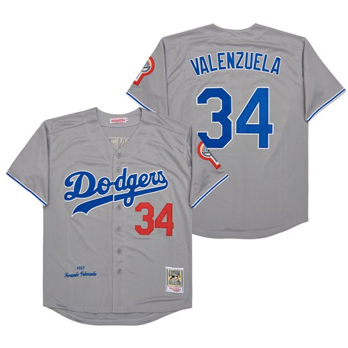 Los Angeles Dodgers 34 Fernando Valenzuela Baseball Jersey Gray retro