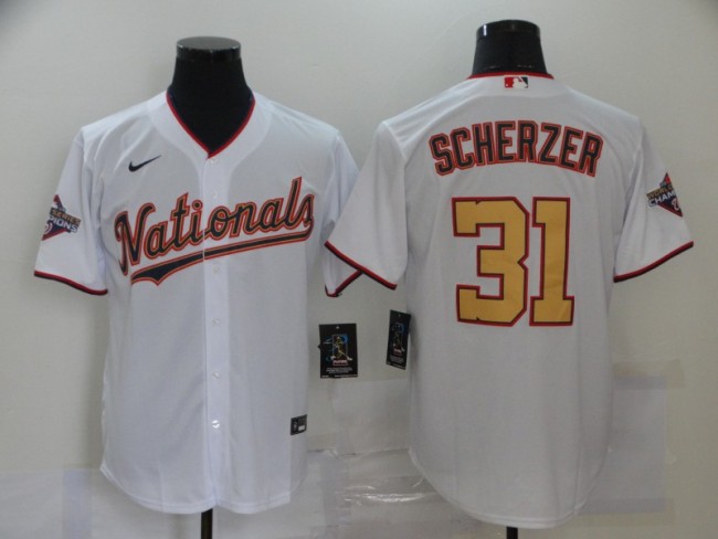 Nike Washington Nationals 31 Max Scherzer Baseball Jersey White Gold lettered fans