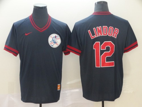 Nike Cleveland indians 12 Francisco Lindor Baseball Jersey Navy Blue Retro
