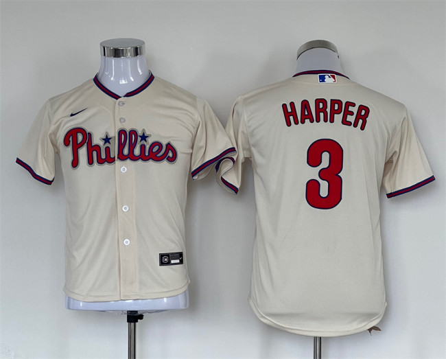 Youth Nike Philadelphia Phillie 3 Bryce Harper Baseball Jersey Beige