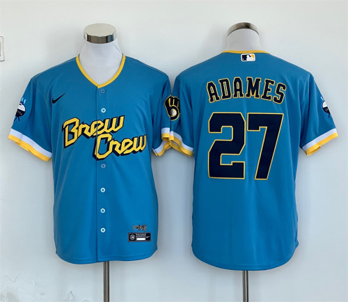 Nike Milwaukee Brewers 27 Willy Adames Baseball Jersey Light blue city Edition
