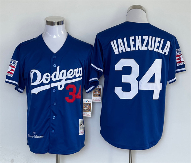 Los Angeles Dodgers 34 Fernando Valenzuela Baseball Jersey Blue retro