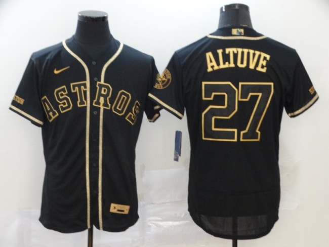 Nike Houston Astros 27 Jose Altuve Flexbase Baseball Jersey Black Retro gold character