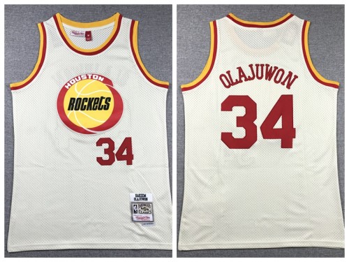 Houston Rockets 34 Hakeem Olajuwon Basketball Jersey Cream Retro