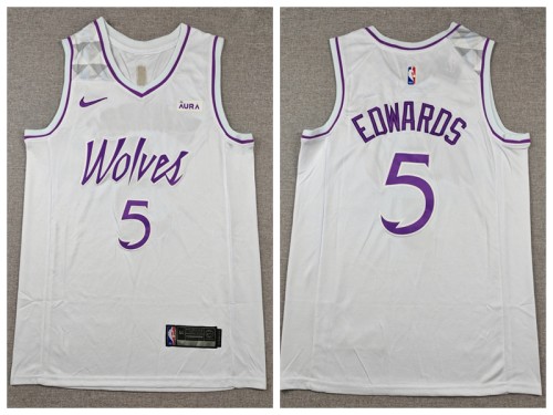 Nike Minnesota Timberwolv 5 Anthony Edwards Basketball Jersey White purple letters