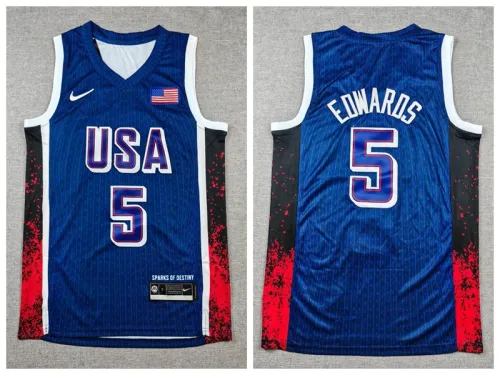 USA 5 Anthony Edwards Basketball Jersey Deep blue stripes
