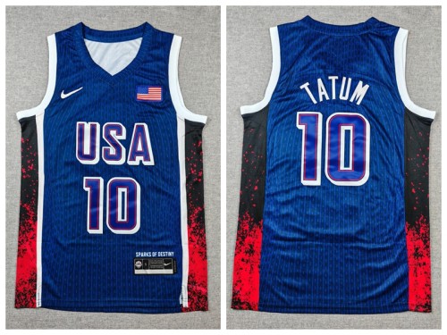 USA 10 Jayson Tatum Basketball Jersey Deep blue stripes