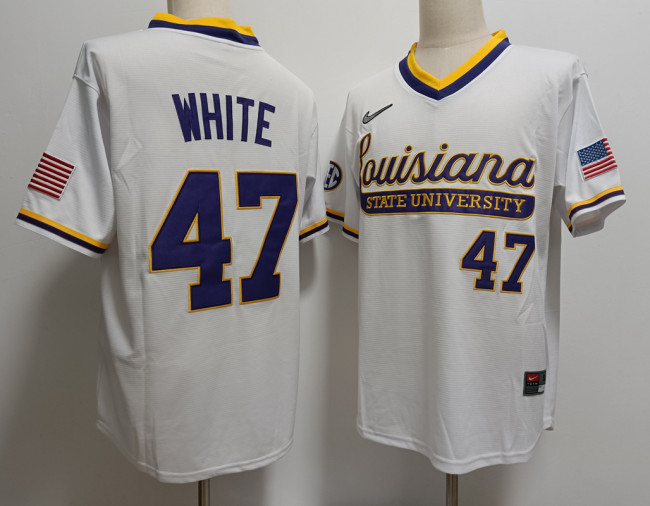 LSU Tigers 47 Tommy White College Baseball Jersey White