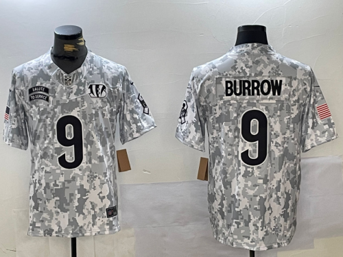 Cincinnati Bengals 9 Joe Burrow Football Jersey Salute to Service Retired Arctic Camo
