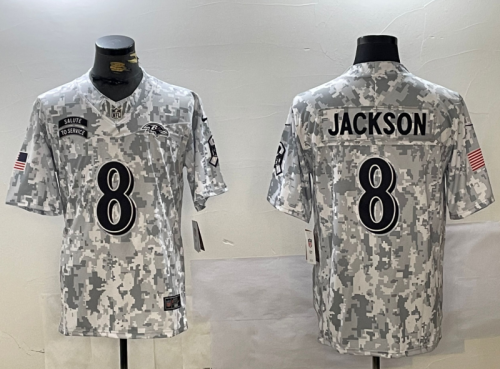 Baltimore Ravens 8 Lamar Jackson Football Jersey Salute to Service Retired Arctic Camo