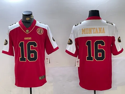 San Francisco 49ers 16 Joe Montana Football Jersey Red Grateful Gold