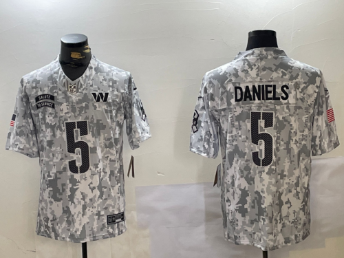 Washington Commanders 5 Jayden Daniels Football Jersey Salute to Service Retired Arctic Camo